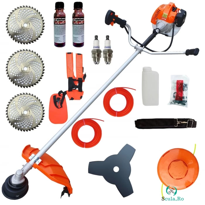 Pachetul Perfect: Motocoasa de umar pe benzina ZID Rusia Profi, 5CP, 16.000 RPM, taiere disc + fir, 3 discuri vidia, ulei de amestec, ham dublu, fir de schimb, 2 bujii de schimb
