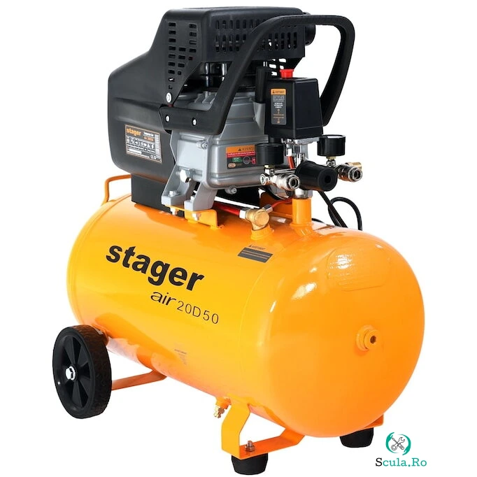 STAGER Compresor aer Stager Air 20D50, rezervor 50L, presiune 8 bar, debit 200L/min, putere 1.5 kW, monofazat, angrenare directa