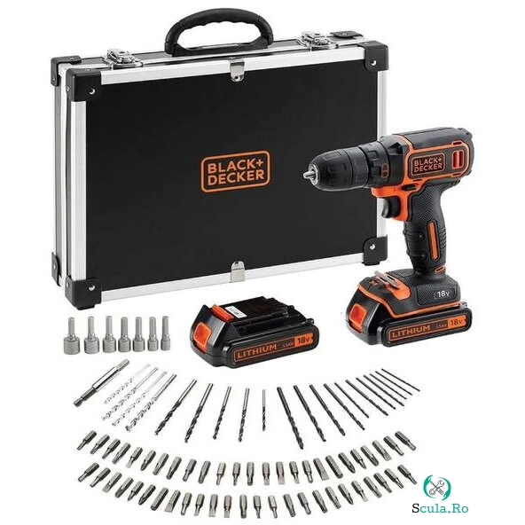 Black & Decker Masina de gaurit si insurubat Black & Decker BDCDC18BAFC, 2 acumulatori, 80 accesorii