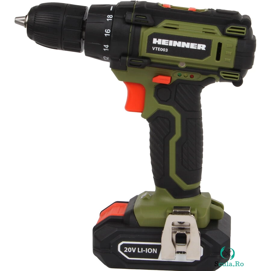HEINNER Masina de gaurit si insurubat (bormasina) pe acumulator Heinner VTE003, 20 V, 1500 RPM, 30 Nm, 18+1 trepte tensiune, acumulator, incarcator