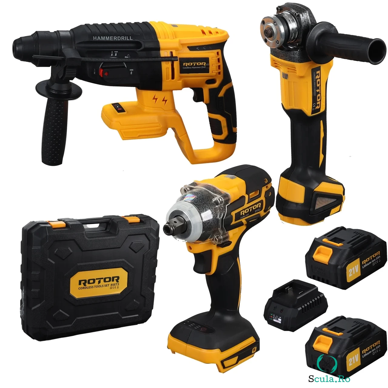 Trusa de scule 3in1 Rotor cu Rotopercutor, Polizor unghiular (flex), Autofiletanta 21V 3Ah, 950-1700RPM la 766.00 lei ron
