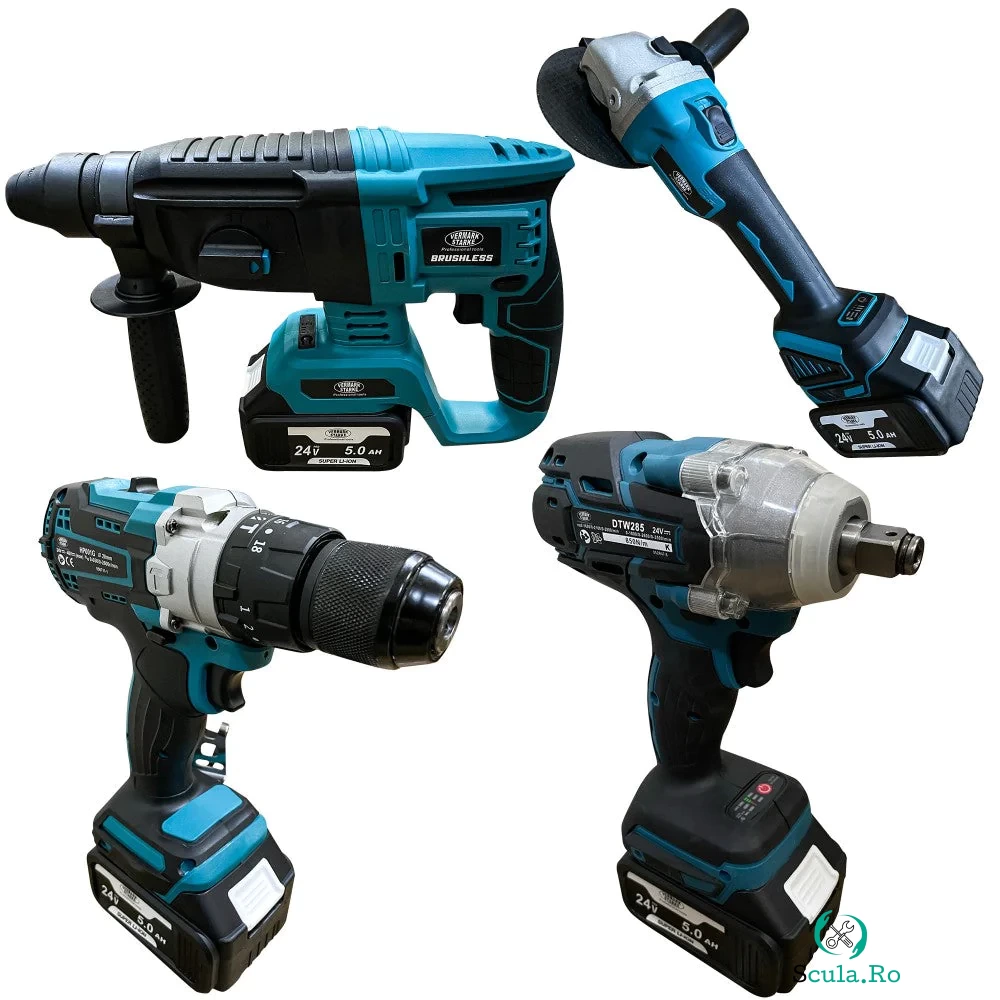Trusa 4 piese cu acumulator, autofiletanta, rotopercutor, polizor unghiular, bormasina impact, 20V, 4Ah la 499.99 lei ron